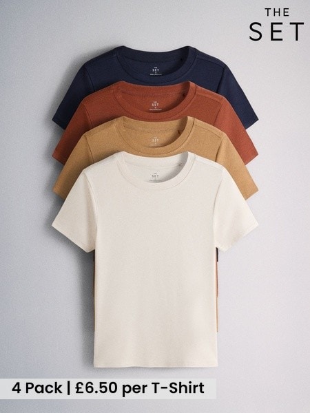 Navy/Ochre/Mustard/Cream - The Set 4 Pack Slim Fit Soft Touch Rib T-shirts