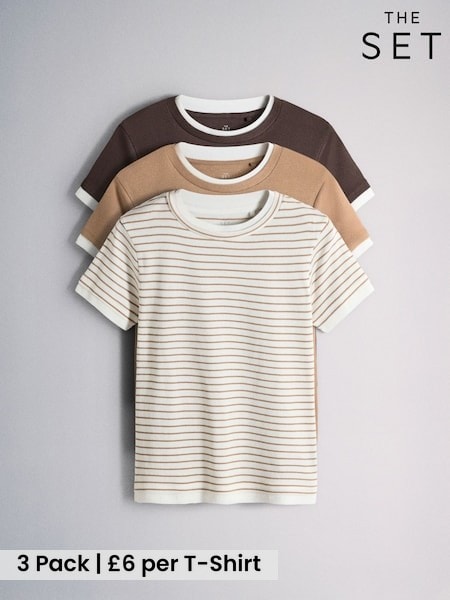 Brown /Tan/Tan and Cream Stripe - The Set 3 Pack Mock Layer Semi Sheer Soft Touch T-shirts