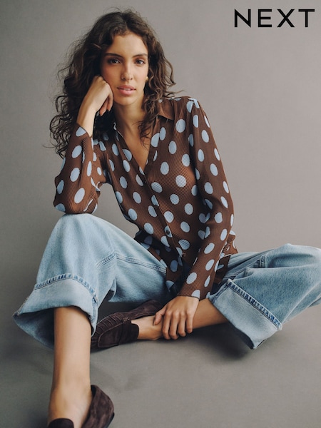 Blue/Brown Polka Dot - Plisse Long Sleeve Shirt