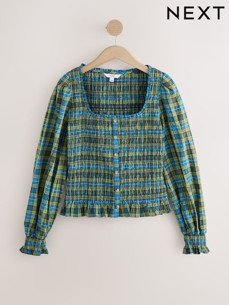 Green/Blue Check - Square Neck Smocked Long Sleeve Top
