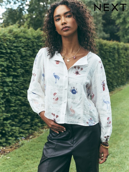 Ecru Patchwork - National Trust X Next Embroidered Long Sleeve Blouse With Linen