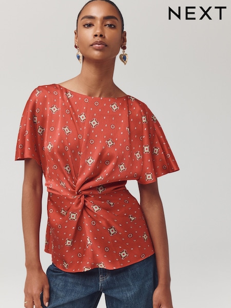 Red Foulard Print - Textured Satin Short Sleeve Twist Front Top