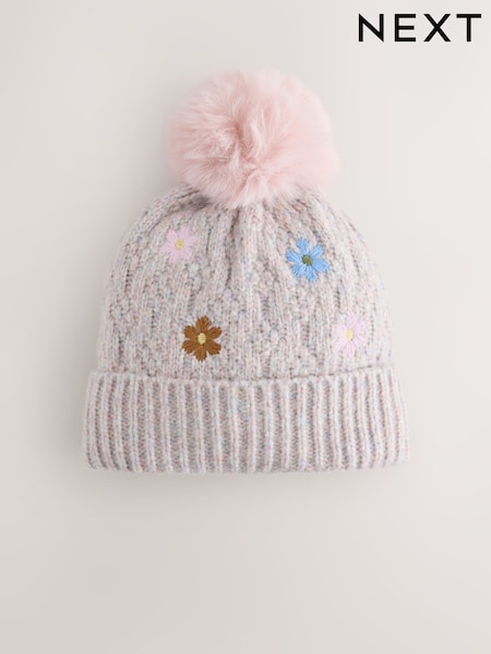 Mink Brown Flower - Pom Beanie Hat (3mths-16yrs)