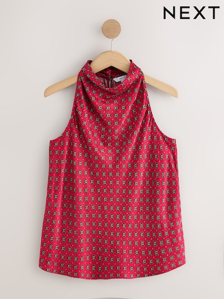 Red Geometric Foulard Print - Satin Halterneck Top