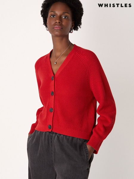 Whistles Red V-Neck Cotton Cardigan (V65993) | £99