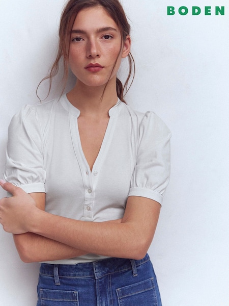 Boden White Short Sleeve Open Neck Henley Top (V66465) | £35