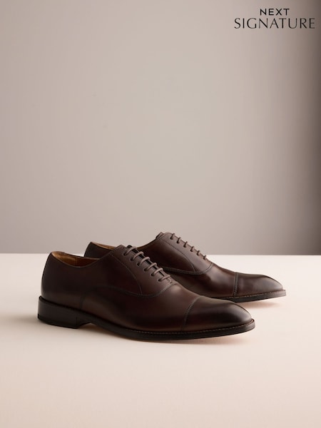 Dark Brown - Standard Fit Signature Leather Sole Oxford Toe Cap Shoes