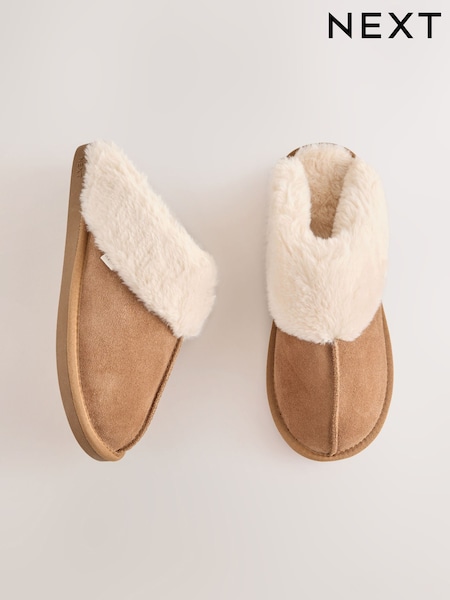 Tan Brown - Faux Fur Lined Suede Mule Slippers