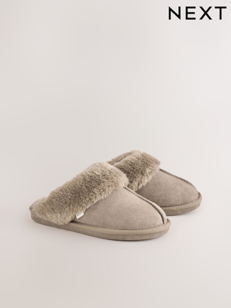 Grey/Brown - Faux Fur Lined Suede Mule Slippers