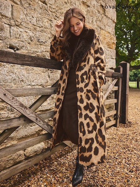 Brown Leopard - Love & Roses Fur Collared Wrap Coat