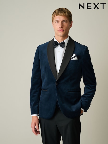 Navy Blue - Slim Fit Velvet Blazer
