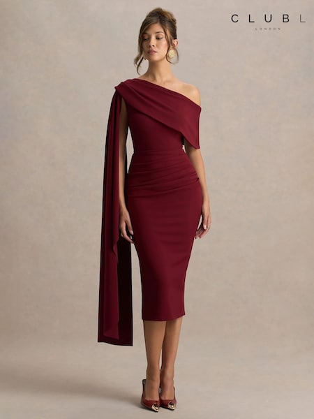 Club L London Red Leah | Burgundy Asymmetric-Neck Midi Dress With Cape-Sleeve (V67544) | £95