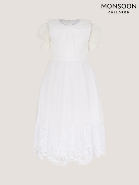 Monsoon White Puff Sleeve Floral Hem Dress (V67659) | £58 - £68