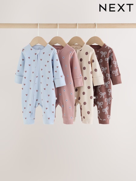 Brown/Blue Heart - Two-way Zip Baby Sleepsuits 4 Pack (0mths-3yrs)