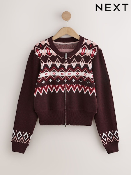 Wine Fairisle - Zip Through Cosy Cardigan