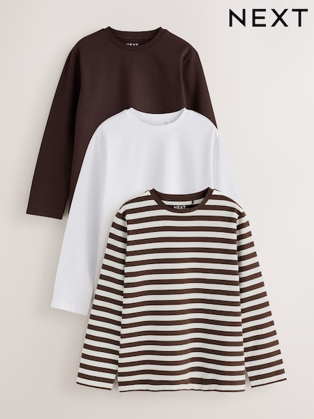 Brown/White/Stripe - Long Sleeve Crew Neck Heavyweight T-shirts 3 Pack