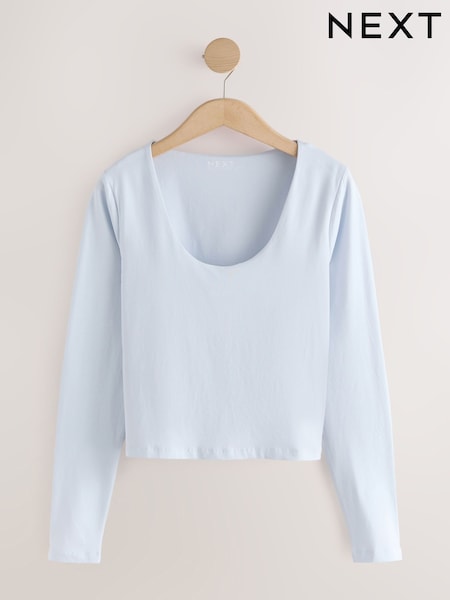Blue - Fitted Scoop Neck Long Sleeve T-shirt