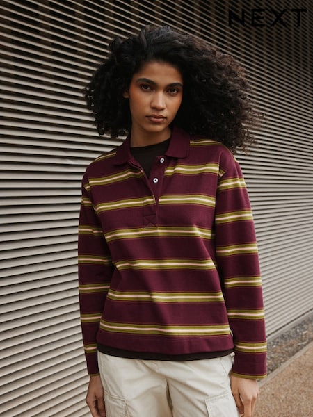 Berry Pink Stripe - Long Sleeve Rugby Polo Top