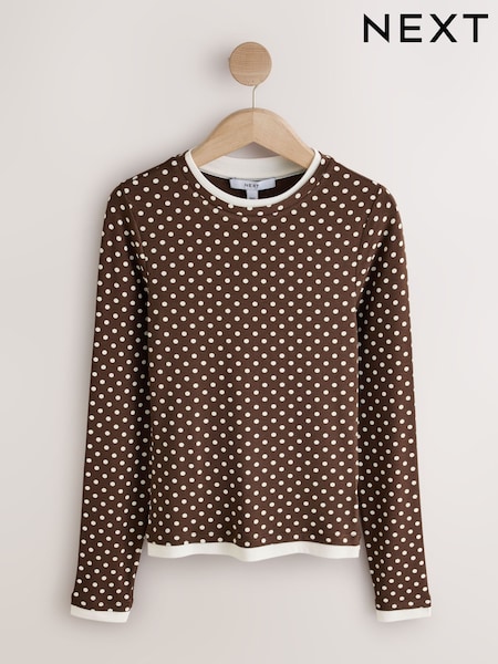 Chocolate Brown Polka Dot - Long Sleeve Layered Crew Neck T-shirt
