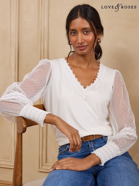 Ivory - Love & Roses Spot Mesh Long Sleeve V-neck Top