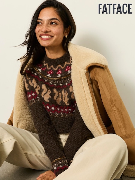 Brown - Fatface Squirrel Knitted Fairisle Jumper