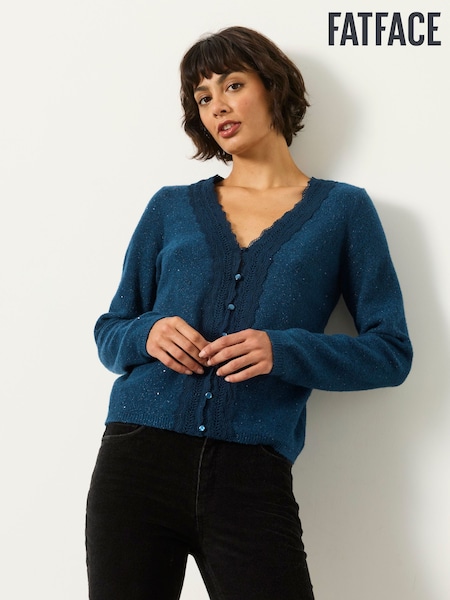 Teal - Fatface Knitted Sparkle Lace Cardigan