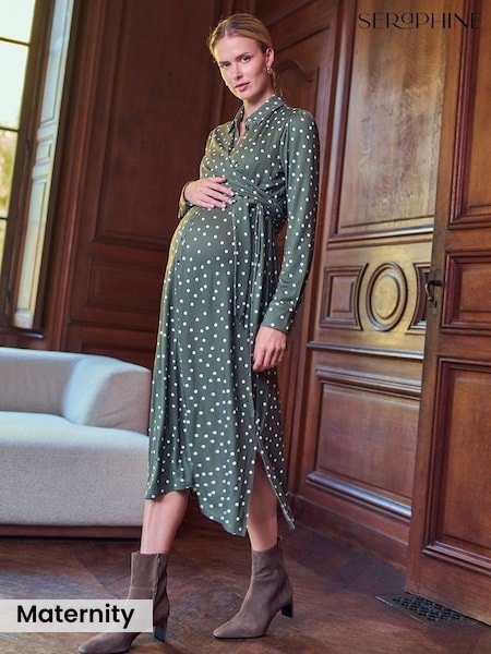 Green - Seraphine Maternity Spot Wrap Nursing Midi Dress