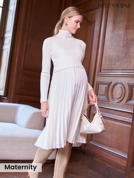 Ivory - Seraphine Maternity Turtle Neck Pleated Nursing Midi Dress