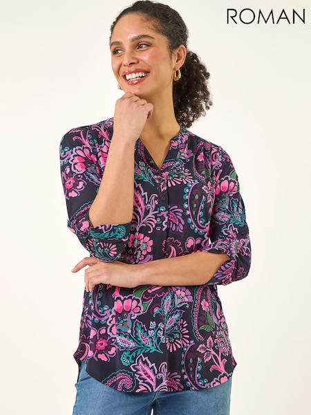 Roman Pink Paisley Print V-Neck Stretch Shirt (V68790) | £42