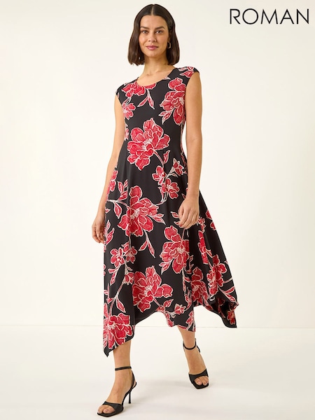 Roman Black Floral Print Stretch Midi Dress (V68802) | £55