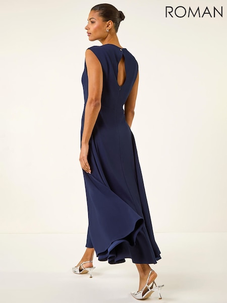 Roman Navy Blue High Neck Pleated Midi Dress (V68965) | £75