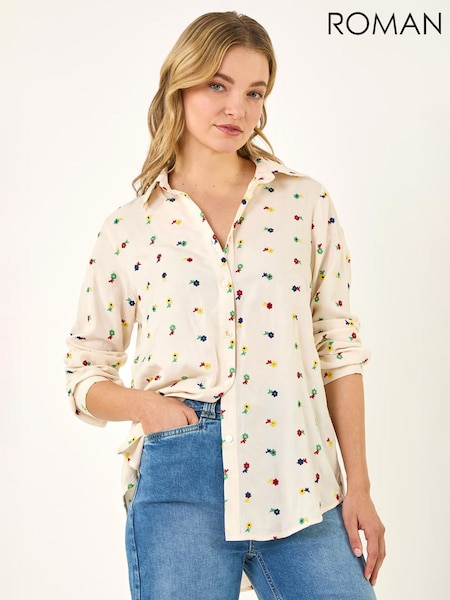 Roman White Floral Embroidered Shirt (V68968) | £42