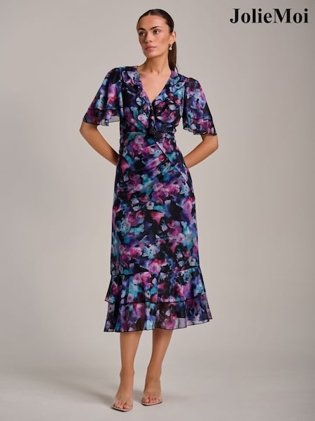 Jolie Moi Light Purple Ruffle Detail Ruched Mesh Midaxi Dress (V69003) | £85