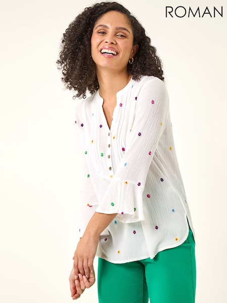 Roman White Floral Embroidered Buttoned Top (V69038) | £40