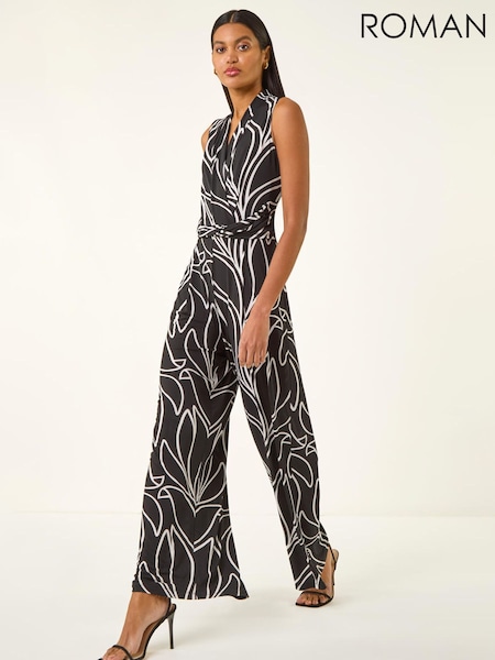 Roman Black Abstract Leaf Print Crossover Jumpsuit (V69045) | £55