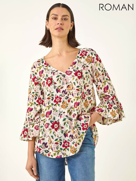 Roman Red Floral Print Flare Sleeve Top (V69053) | £40