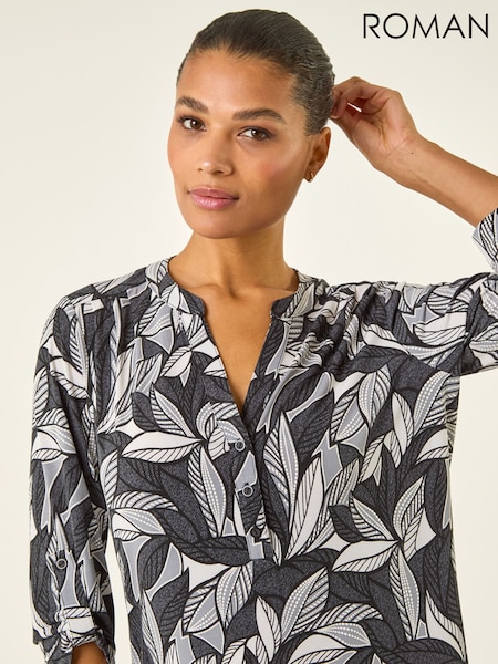 Roman Black Leaf Puff Print Textured Shirt (V69055) | £42