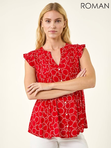 Roman Red Circle Print Frill Sleeve Blouse (V69065) | £35