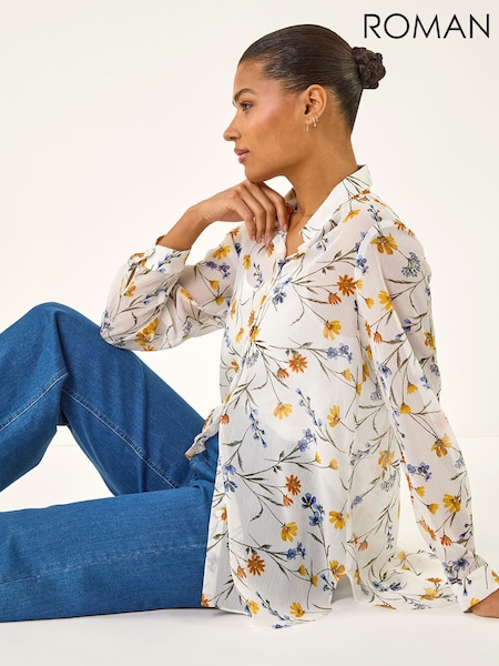 Roman Orange Floral Print Button Blouse (V69073) | £48