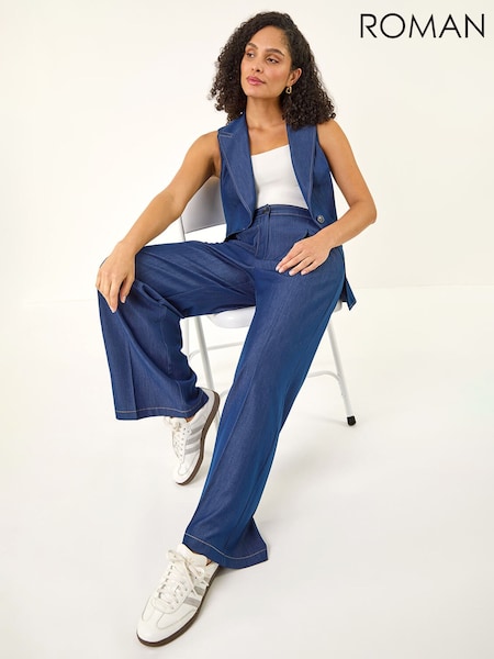 Roman Blue Denim Contrast Stitch Wide Leg Trousers (V69095) | £48