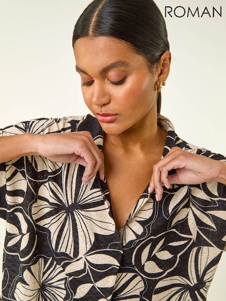 Roman Black Printed Broderie Collared Top (V69099) | £35