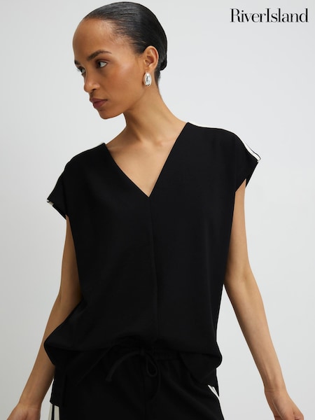 Black - River Island Short Sleeve Tape Detail V-neck Top