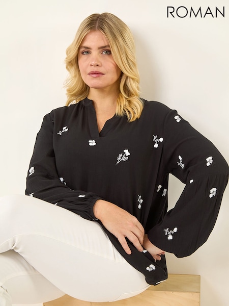 Roman Black Curve Embroidered Woven Top (V69368) | £42