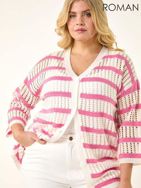 Roman Pink Curve Stripe Crochet Knit Cardigan (V69378) | £48