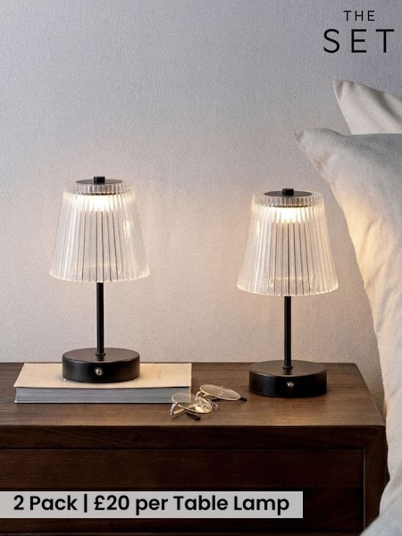 The Set 2 Pack Ribbed Glass Rechargeable Table Lamp