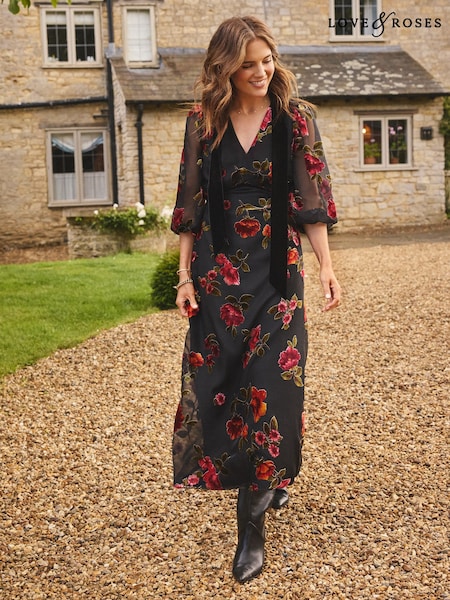 Black Floral - Love & Roses Devore Pussybow Midi Dress