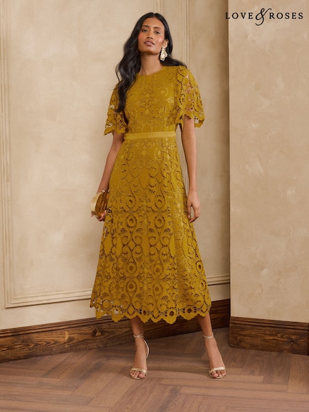 Ochre - Love & Roses Lace Angel Sleeve Midi Dress