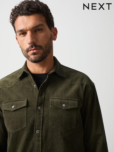 Khaki Green - Regular Cord Western Styling Long Sleeve Shirt