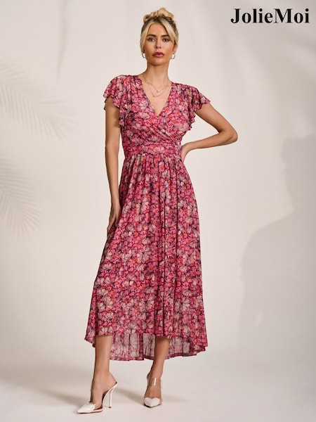 Jolie Moi Pink Dip Hem Mesh Maxi Dress (V70080) | £60