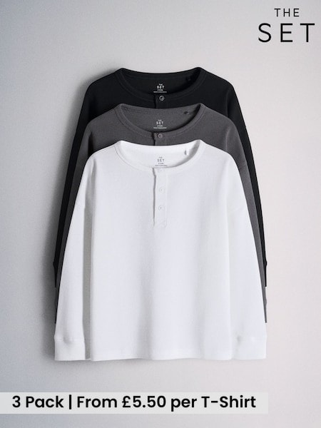 Black/Grey - The Set Long Sleeve Waffle Henley T-shirts 3 Pack